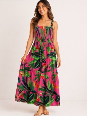 Soma Hot Pink Tropical Maxi Dress with Green Leaf Print